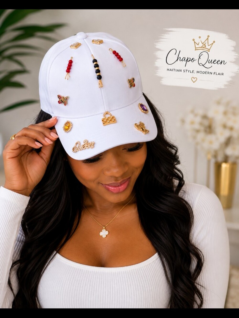 Embellished White Baseball Cap with Gem & Charm Accents